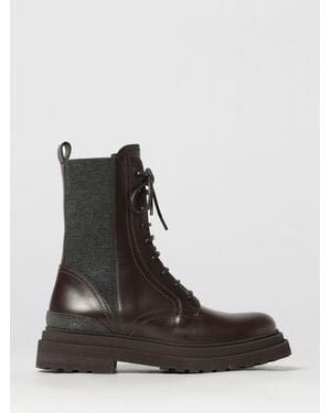 Brunello Cucinelli Calfskin Leather Combat Boots With Lug Sole - Black