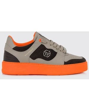 Philipp Plein Bicolour Leather And Suede Low-Top Trainers With Hexagon Logo - Red
