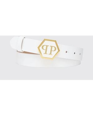 Philipp Plein Smooth Leather Belt With Hexagon Monogram Buckle - Natural