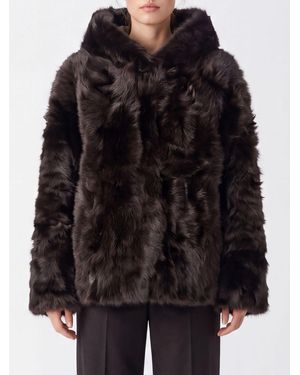 Yves Salomon Cropped Lambskin Jacket With Hood - Black