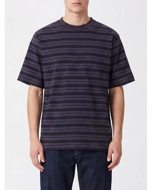 Sacai Camiseta De Rayas En Algodón Con Bolsillo De Parche Y Hombros Caídos - Azul