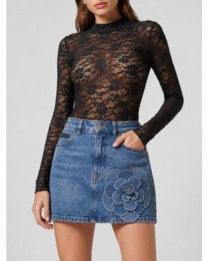 Philipp Plein Langärmeliger Spitzen-Body Von Mit Hohem Kragen Und Slim Fit - Blau