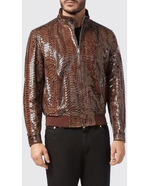Billionaire Snakeskin Leather Bomber Jacket With High Collar And Zip Closure - Brown