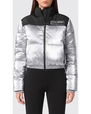 Philipp Plein Bicolor Quilted Nylon Short Puffer Jacket With High Collar - Gray