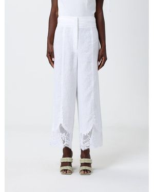 Twinset Linen Cropped Pants With Lace Inserts - White