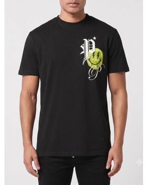Philipp Plein Cotton T-Shirt With Graphic Print And Contrasting Logo - Black