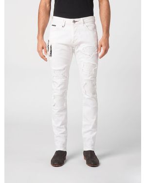 Philipp Plein Distressed Denim Skinny Fit Jeans - White