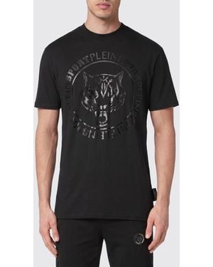 Philipp Plein Slim Fit Cotton T-Shirt With Graphic Print And Tone-On-Tone Logo - Black