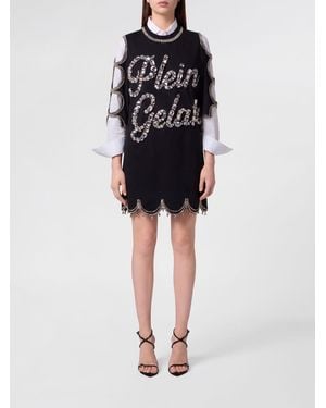 Philipp Plein Cut-Out Cotton Sheath Mini Dress With Rhinestones - Black