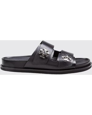 Tory Burch Smooth Leather Flat Sandals With Double T Metal Logo - White