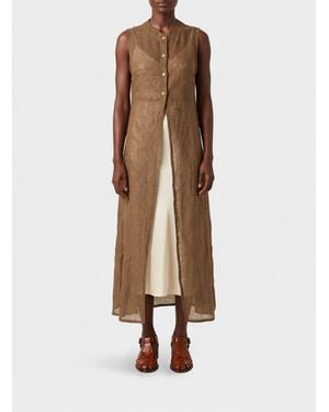 LeKasha Sleeveless Abstract Print Linen Midi Shirt Dress - Natural