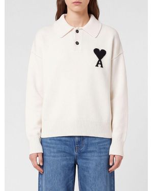 Ami Paris Long-Sleeved Wool Knit Polo Shirt With Contrasting Logo - White