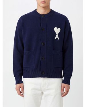 Ami Paris Wool And Cotton Blend Cardigan With Contrast Jacquard Logo - Blue