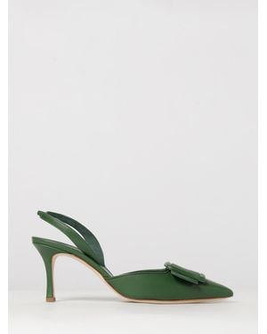 Manolo Blahnik Maysli Smooth Leather Mid-Heel Slingback Pumps With Buckle - Green
