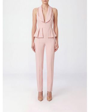 Elisabetta Franchi Mono Largo Slim Fit Con Escote En V Y Cintura Con Volantes - Rosa