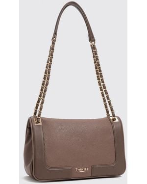 Twinset Grained Faux Leather Shoulder Bag With Braided Handle - Brown