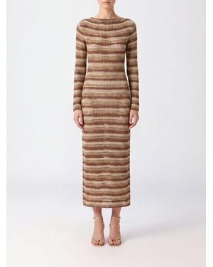 MC2 Saint Barth Long-Sleeved Striped Lurex Knit Midi Dress - Natural