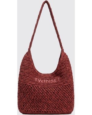 Twinset Crochet Raffia Crossbody Bag With Braided Strap And Embroidered Logo