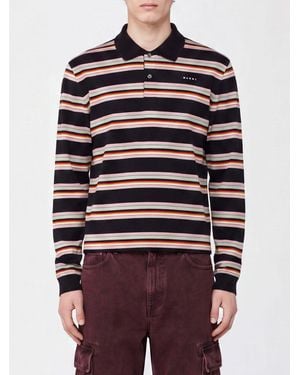 Marni Polo De Manga Larga De Algodón A Rayas Con Logo En Contraste - Azul