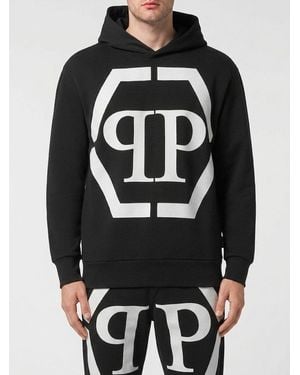 Philipp Plein Monogram Print Cotton Hoodie With Hexagon Logo And Dropped Shoulders - Black