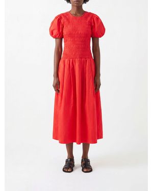 Ganni Puff-Sleeve Organic Cotton Midi Dress - Red