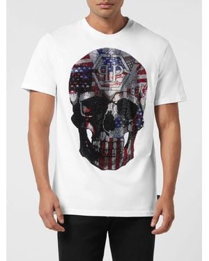 Philipp Plein Camiseta De Punto De Algodón Con Estampado De Calavera Y Logo De Strass - Blanco