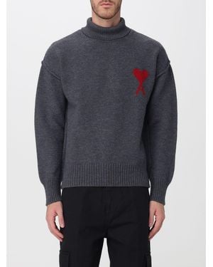Ami Paris Wool Turtleneck Sweater With Jacquard Logo And Dropped Shoulders - Blue