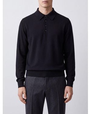 Tom Ford Long-Sleeved Wool Knit Polo Shirt With Ribbed Trims - Blue