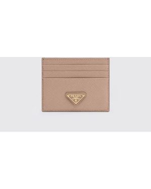 Prada Calf Leather Card Holder With Logo - Natural
