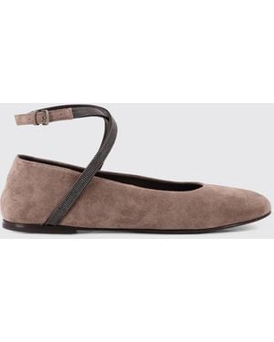 Brunello Cucinelli Flache Wildleder-Pumps mit überkreuzten Riemen - Weiß