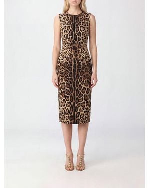 Dolce & Gabbana Dolce &Amp Gabbana Animalier Print Silk Midi Sheath Dress With Square Neckline - Natural