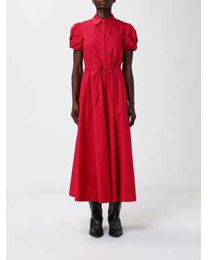 Twinset Stretch Cotton Midi Chemisier Dress With Short Sleeves And Belt - Red