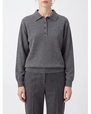 SOLOTRE Long-Sleeved Wool Knit Polo Shirt With Ribbed Collar - Grey