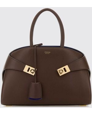 Ferragamo Hug Calfskin Leather Tote Bag With Double Handles - Brown