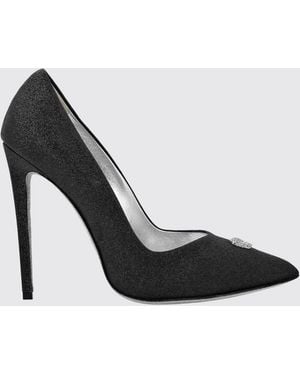 Philipp Plein Glitter Leather Court Shoes With Skull Application And High Heel - Black
