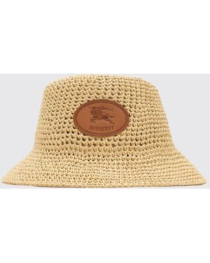 Burberry Raffia Bucket Hat With Logo - Natural
