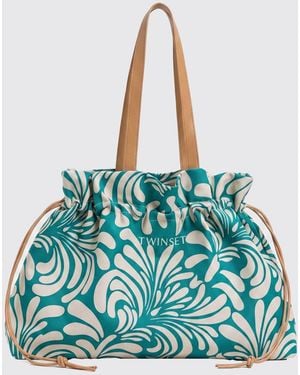 Twinset Cotton Canvas Tote Bag With Floral Print - Blue