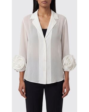 Hanita Floral Print Chiffon Shirt With Flower Appliqué - White