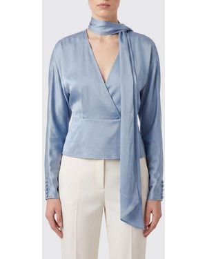 Ganni Blusa De Satén Con Cuello De Lazada, Manga Larga Y Hombros Caídos - Azul