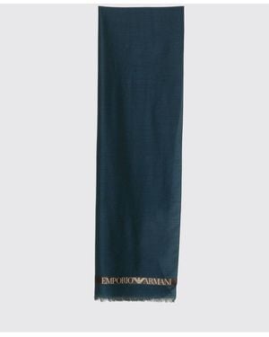 Emporio Armani Virgin Wool Scarf With Contrasting Logo And Fringed Edges - Blue