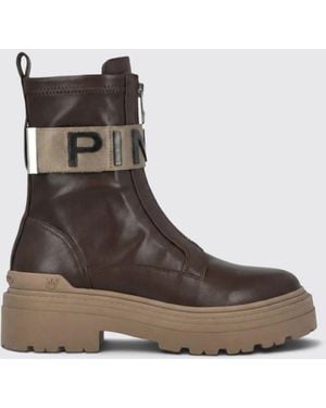 Pinko Mia Leather Biker Ankle Boots With Lettering Logo And Lug Sole - Brown
