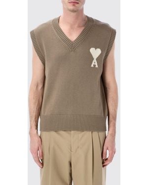 Ami Paris Woll- Und Baumwollstrickweste Mit Logo - Natur