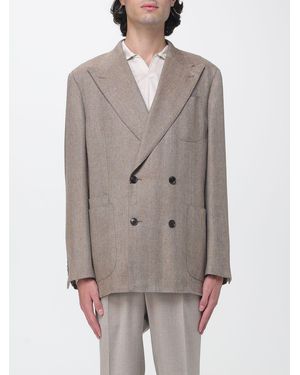 Luciano Barbera Double-Breasted Pure Cashmere Blazer With Chevron Pattern - Grey