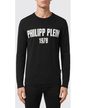 Philipp Plein Wool And Cotton Blend Crewneck Sweater With All-Over Jacquard Logo Pattern - Black