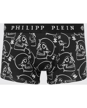 Philipp Plein Stretch Cotton Blend Boxer Shorts With Skull Print - Black