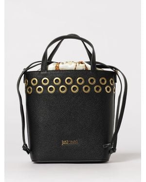 Just Cavalli Grained Faux Leather Bucket Bag With Metal Eyelets - Black