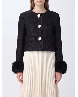 Self-Portrait Cropped Bouclé Blazer With Jewel Buttons And Fur Cuffs - Black