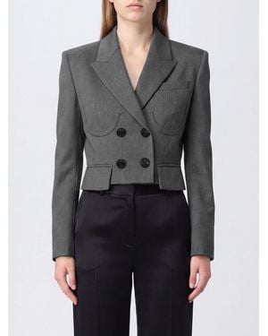 Elisabetta Franchi Cropped Double-Breasted Virgin Wool Blazer With Peaked Lapels - Grey