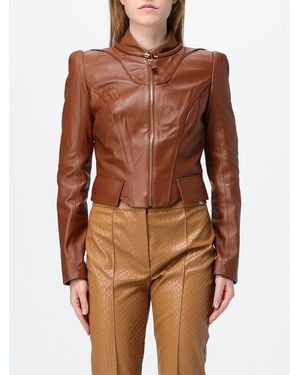 Elisabetta Franchi Slim Fit Sheepskin Biker Jacket With Zip - Brown