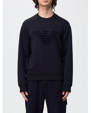 Emporio Armani High Neck Cotton Blend Zip-Up Sweatshirt With Eagle Logo - Blue